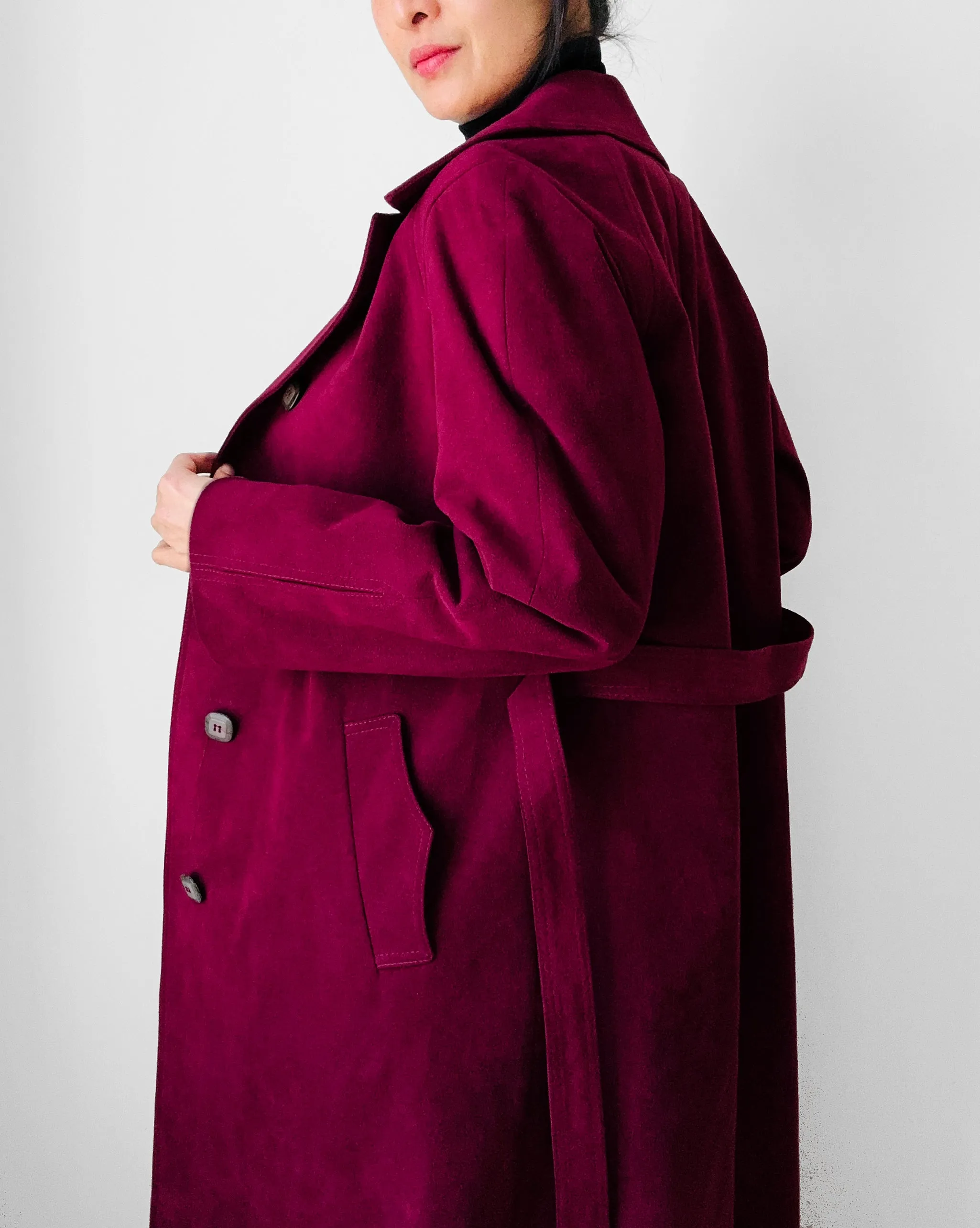 1970s Deep Wine Microfibre Faux Leather Belted Trench Coat - S/M