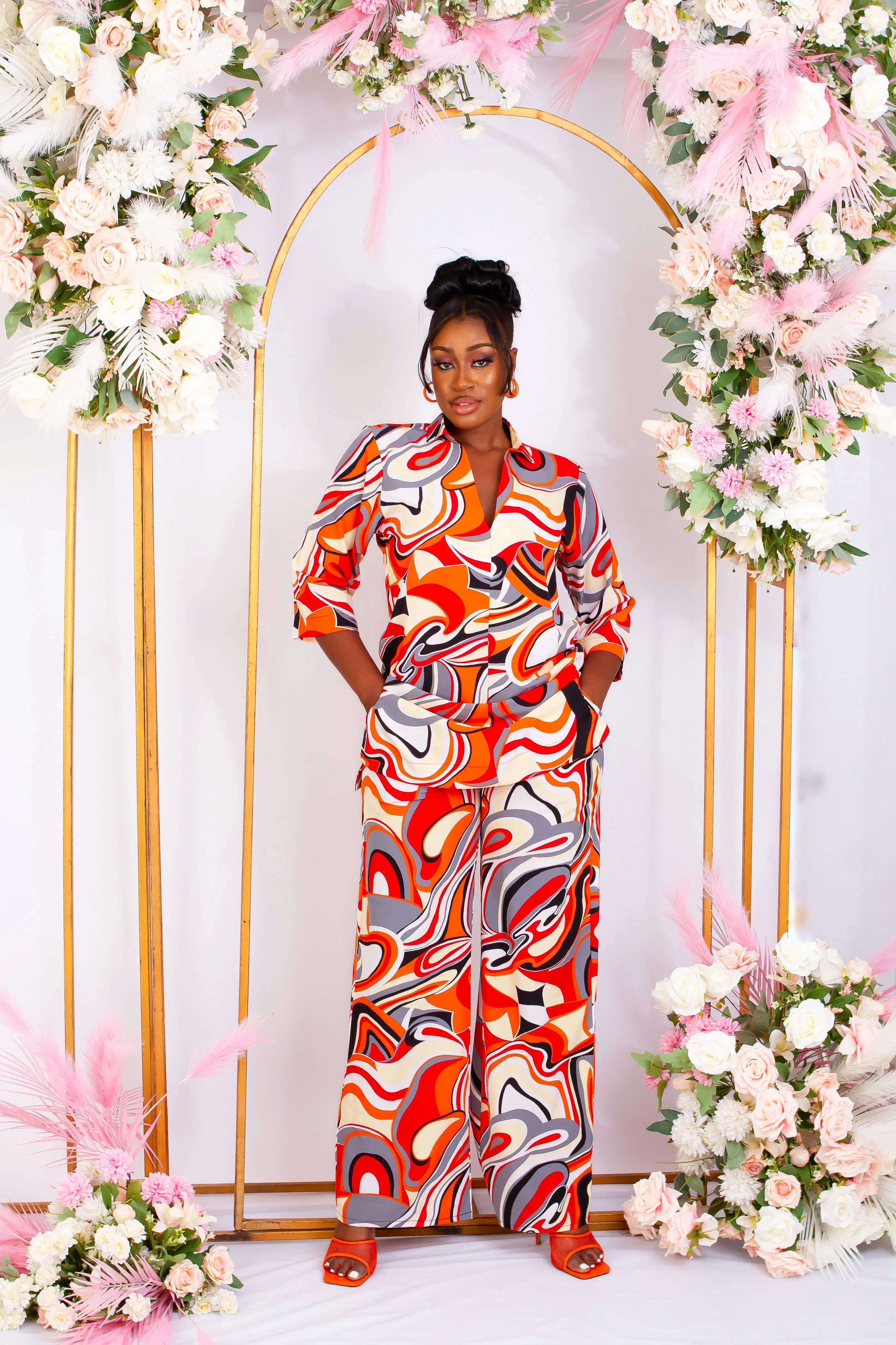 2 Pcs African Print Crepe Kaftan Blouse and Trouser Set