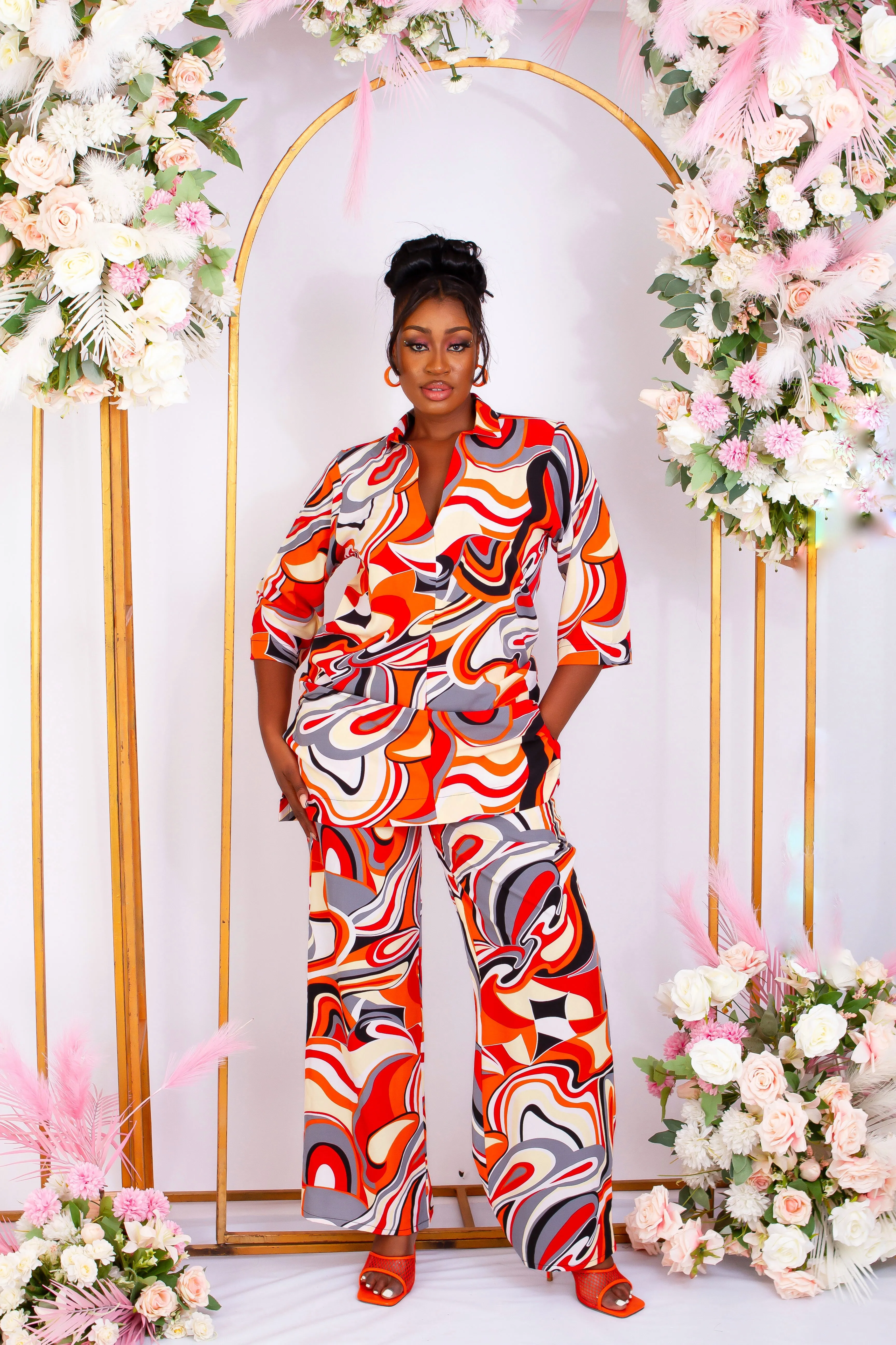 2 Pcs African Print Crepe Kaftan Blouse and Trouser Set
