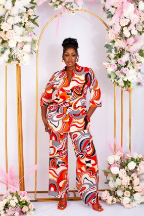 2 Pcs African Print Crepe Kaftan Blouse and Trouser Set