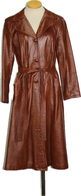 70s Leather Wet Look Trench Coat       Medium