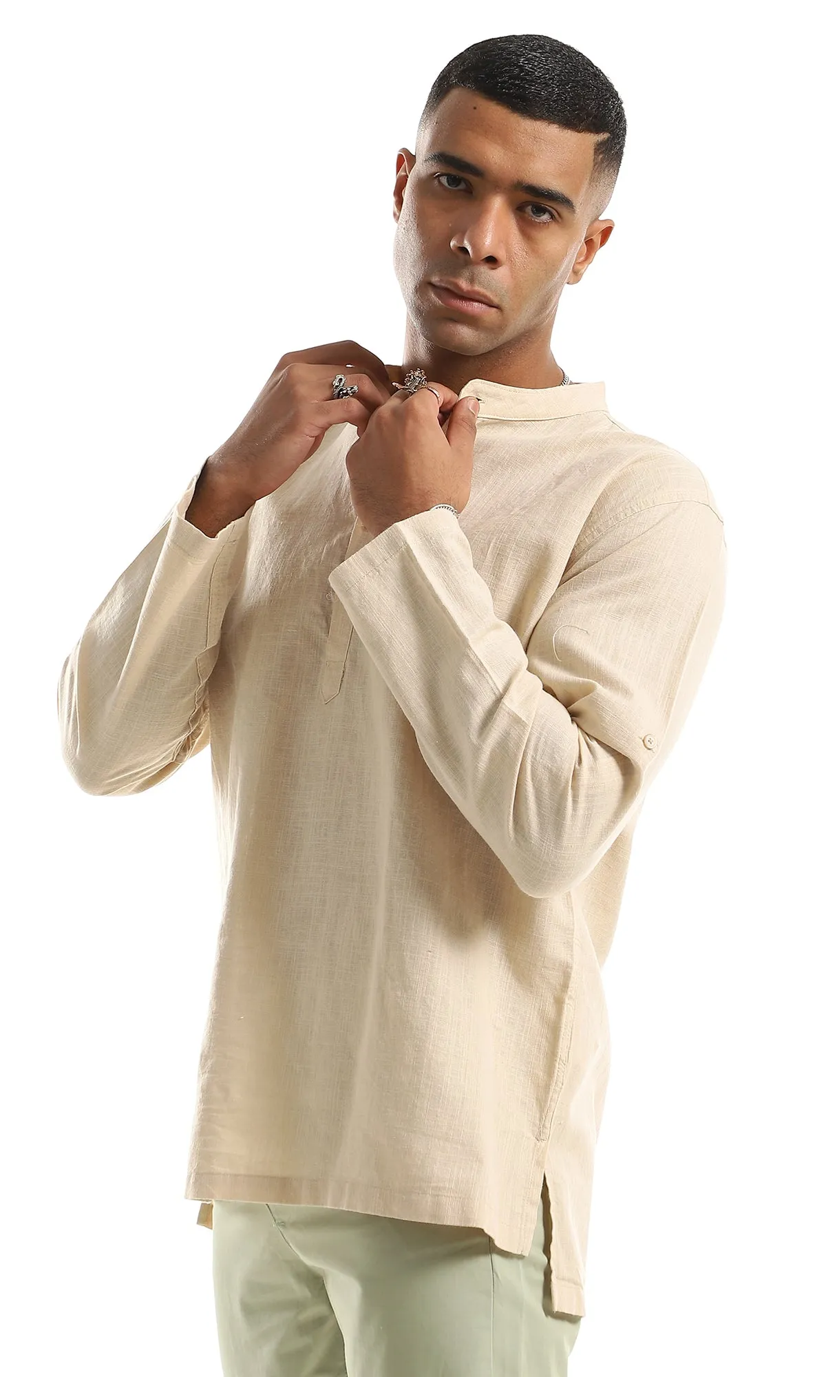 97030 Mandarin Collar Buttoned Long Sleeves Beige Henley Shirt