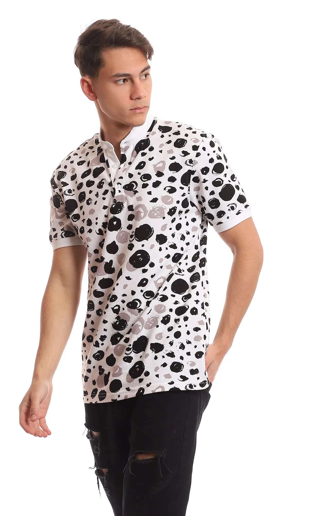 97559 Self Patterned Mandarin Collar Black & White Henley T-Shirt