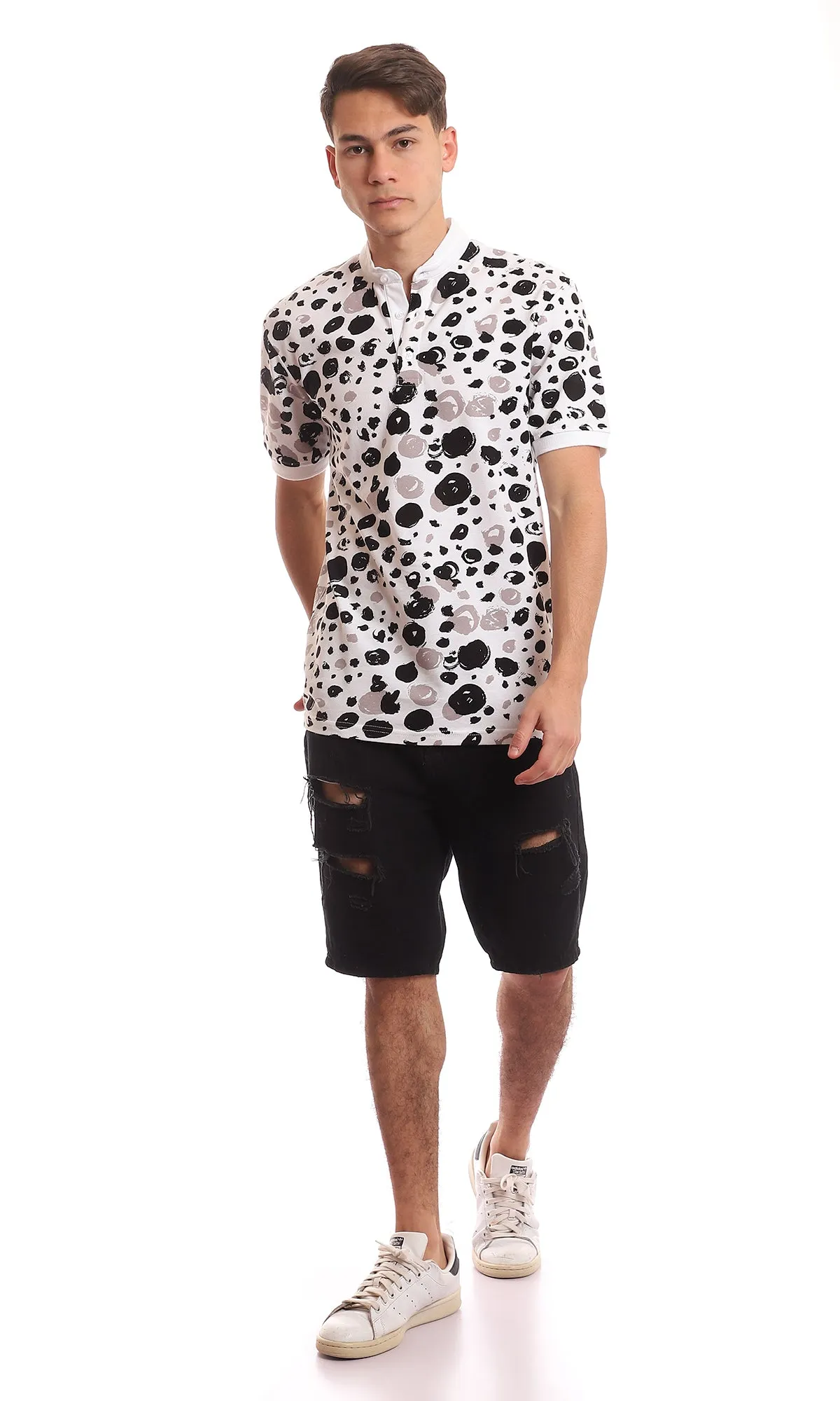 97559 Self Patterned Mandarin Collar Black & White Henley T-Shirt