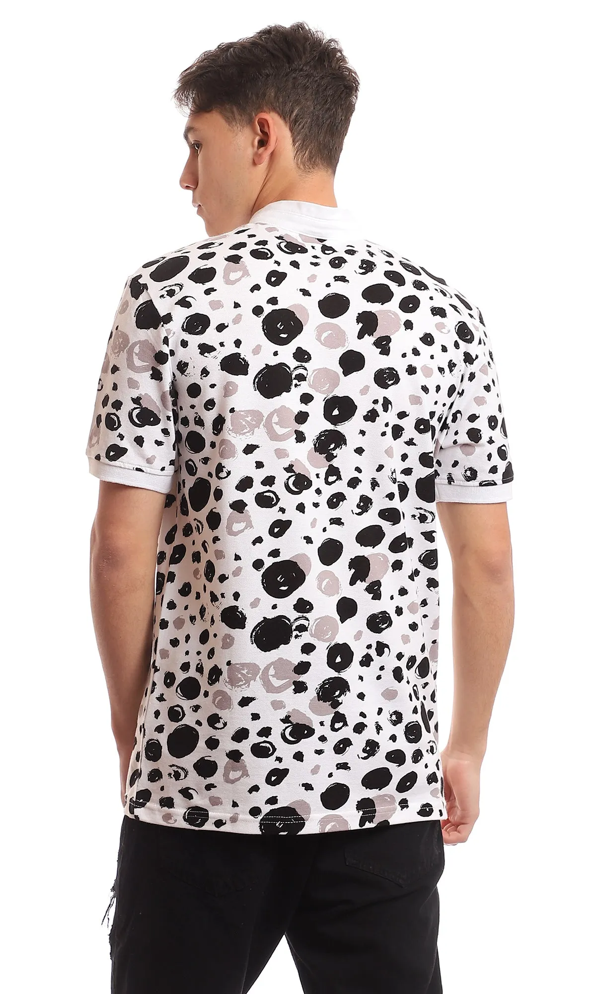97559 Self Patterned Mandarin Collar Black & White Henley T-Shirt