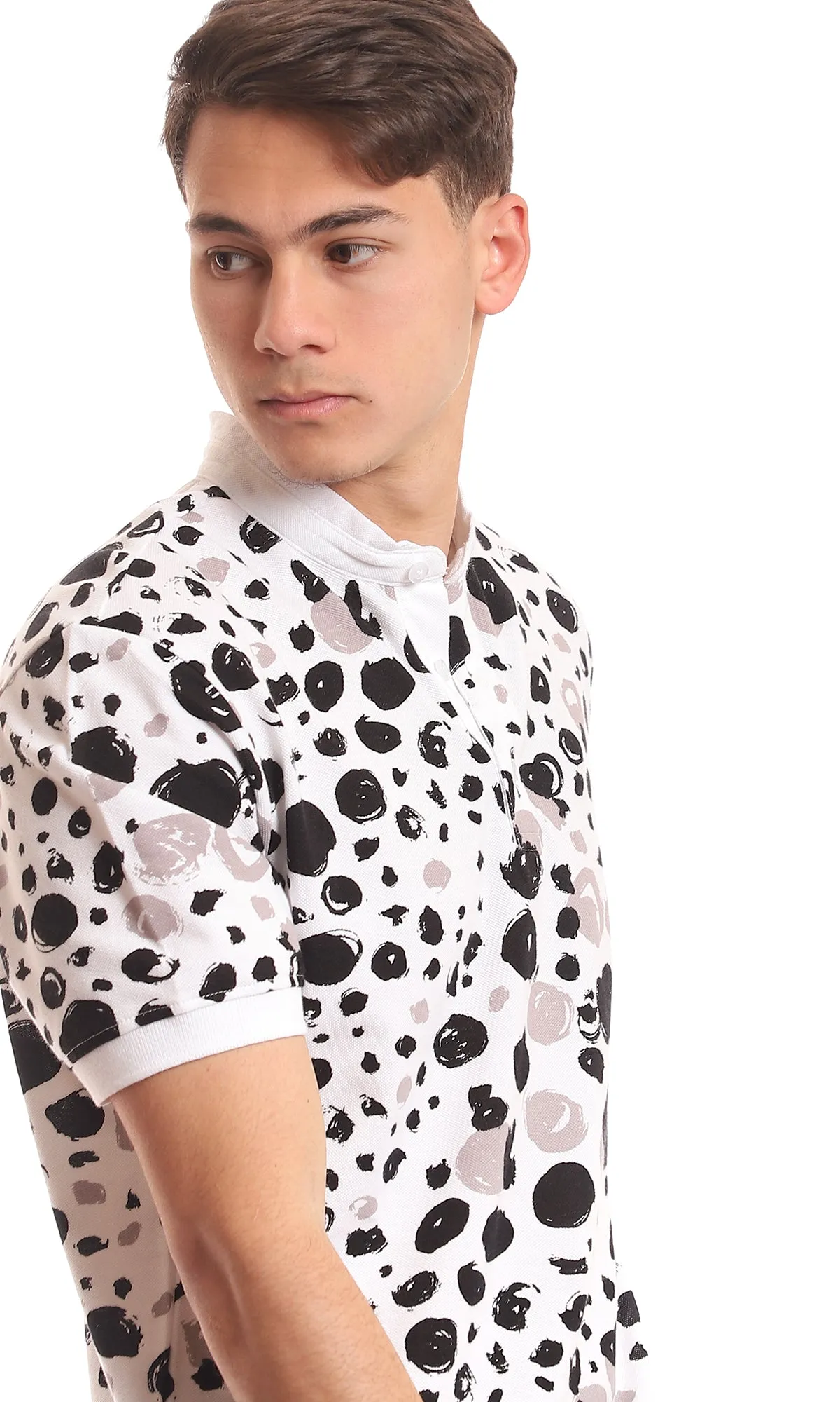 97559 Self Patterned Mandarin Collar Black & White Henley T-Shirt