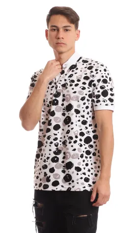 97559 Self Patterned Mandarin Collar Black & White Henley T-Shirt