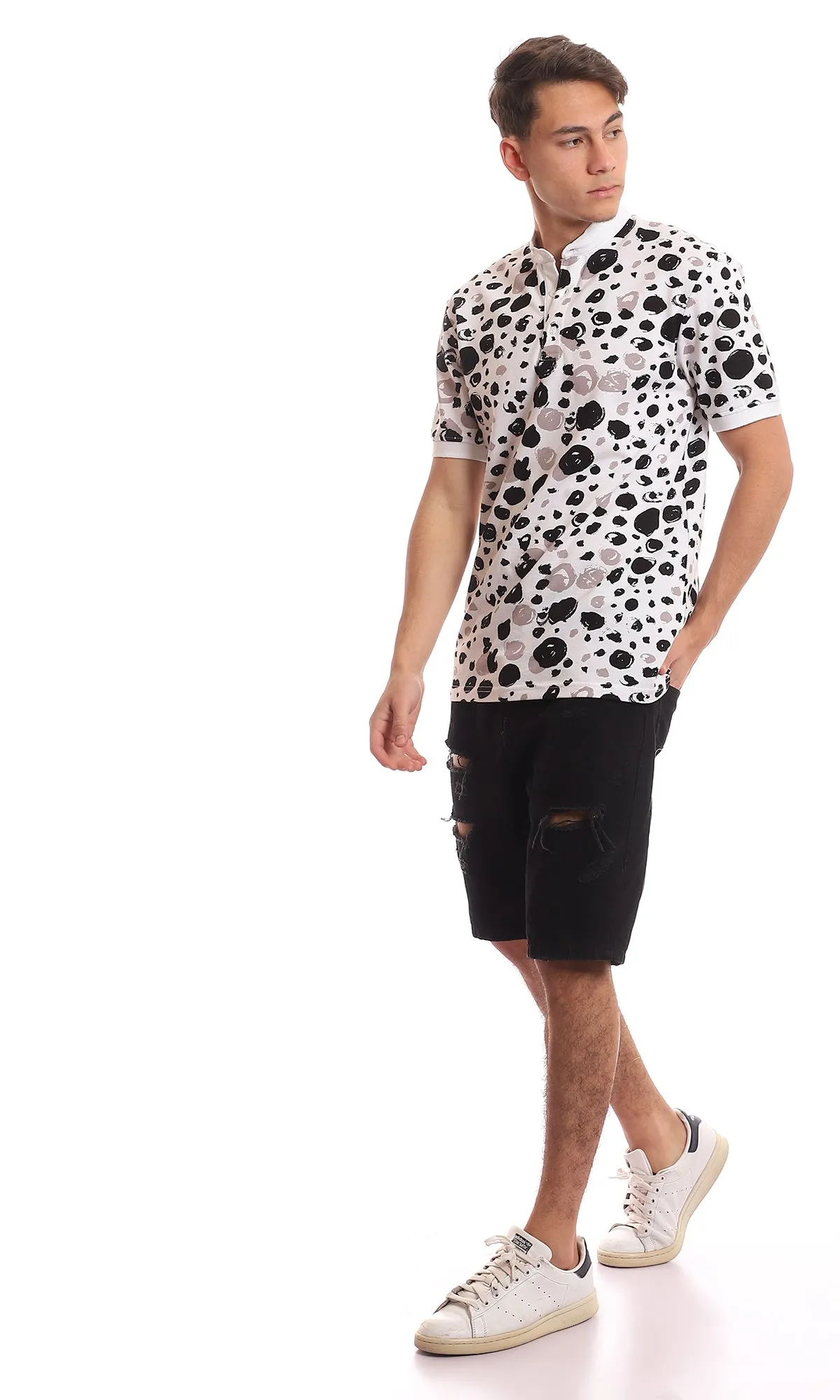 97559 Self Patterned Mandarin Collar Black & White Henley T-Shirt