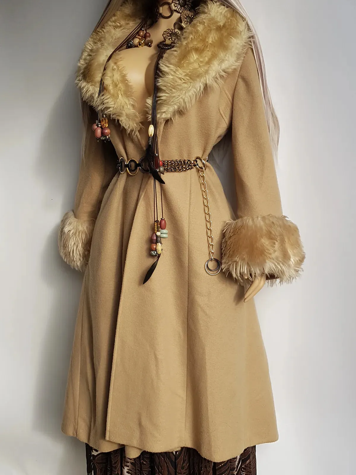 Absolute Knockout Penny Lane Princess Coat - Incredible Hourglass Shape - Camel Tones - Wool with Vegan Fur Collar & Cuffs