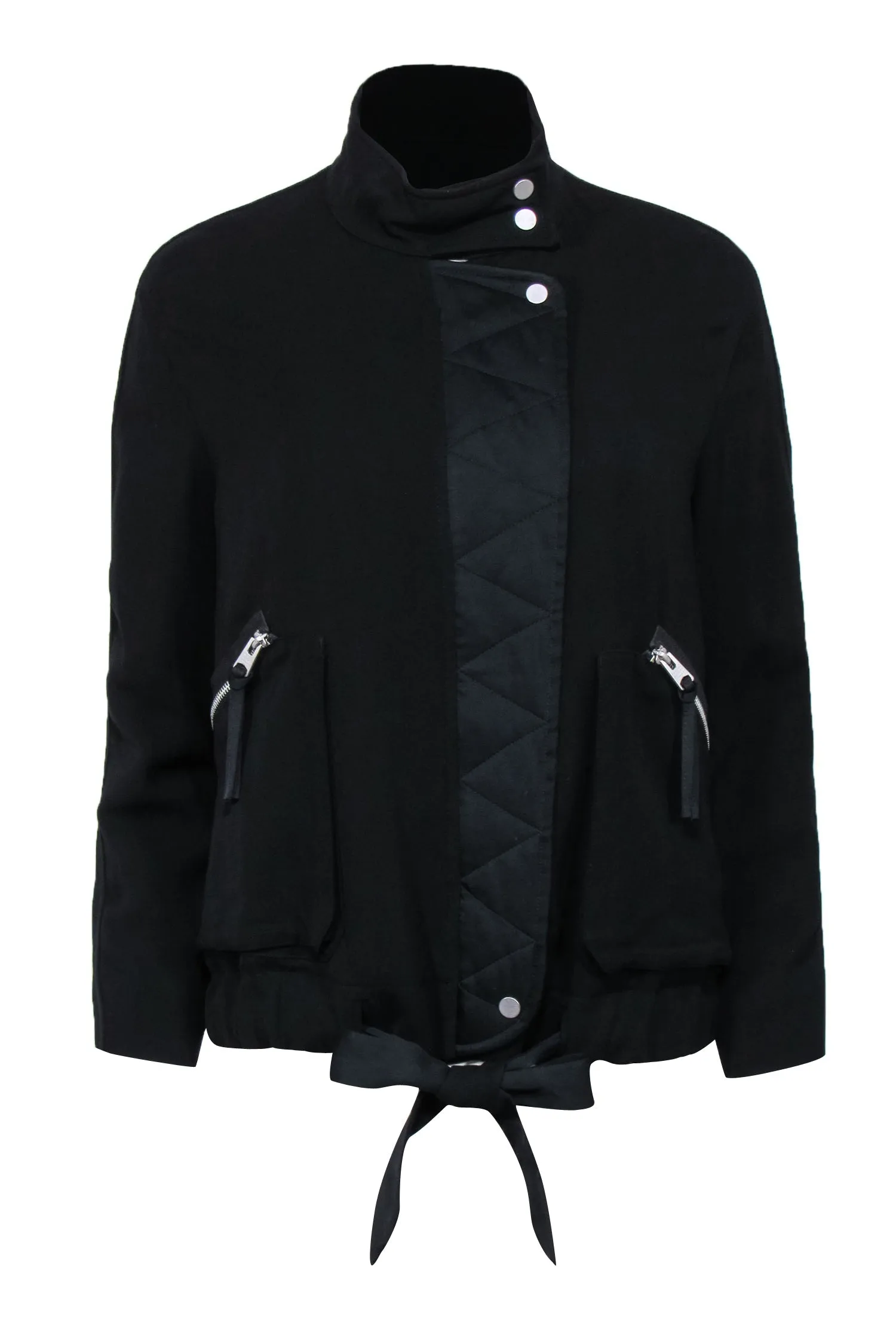 All Saints - Black Zip-Up Drawtsring Jacket w/ Quilted Trim Sz S