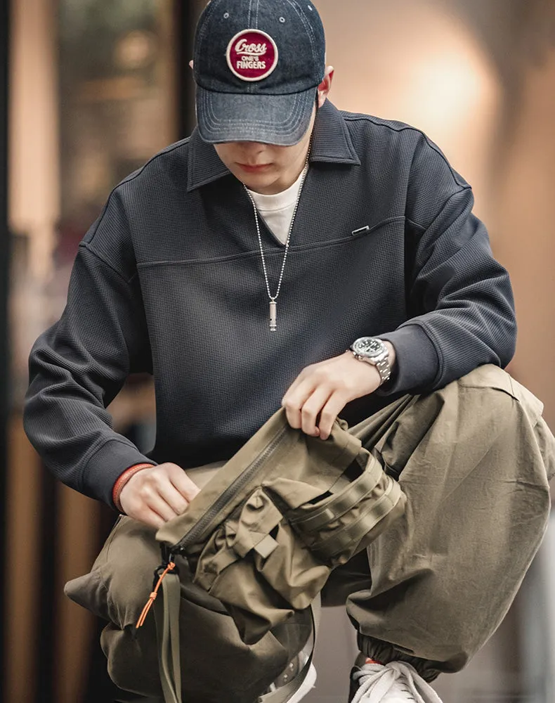 American Waffle V-Neck Polo Loose Pullover Men's Sweater