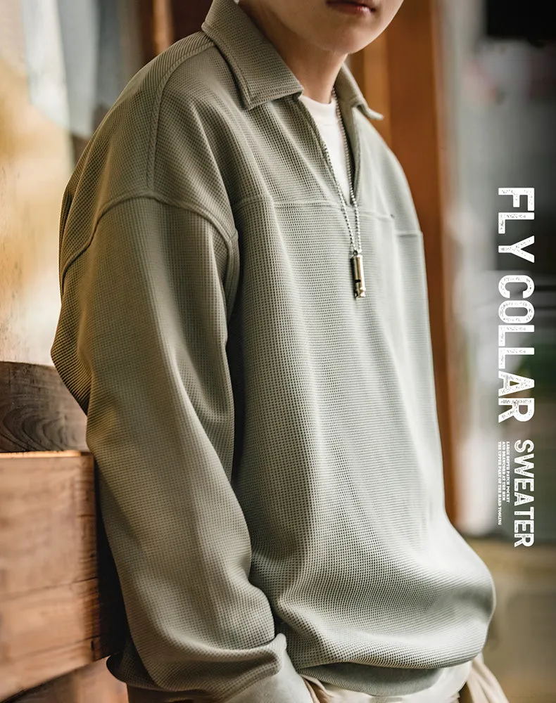 American Waffle V-Neck Polo Loose Pullover Men's Sweater