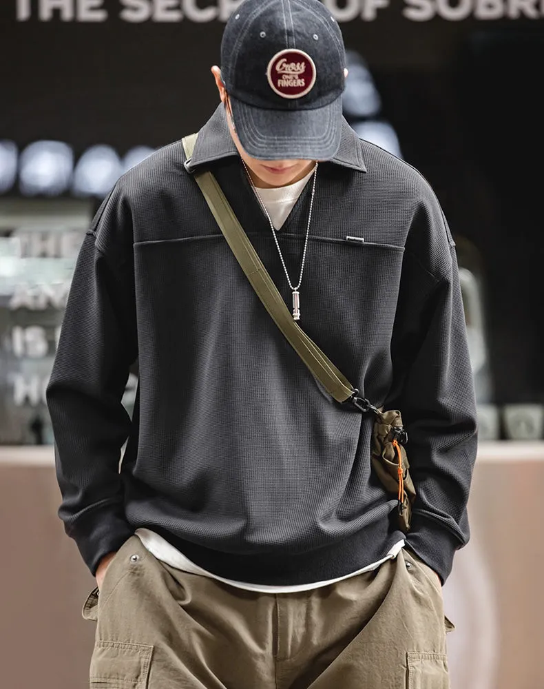 American Waffle V-Neck Polo Loose Pullover Men's Sweater