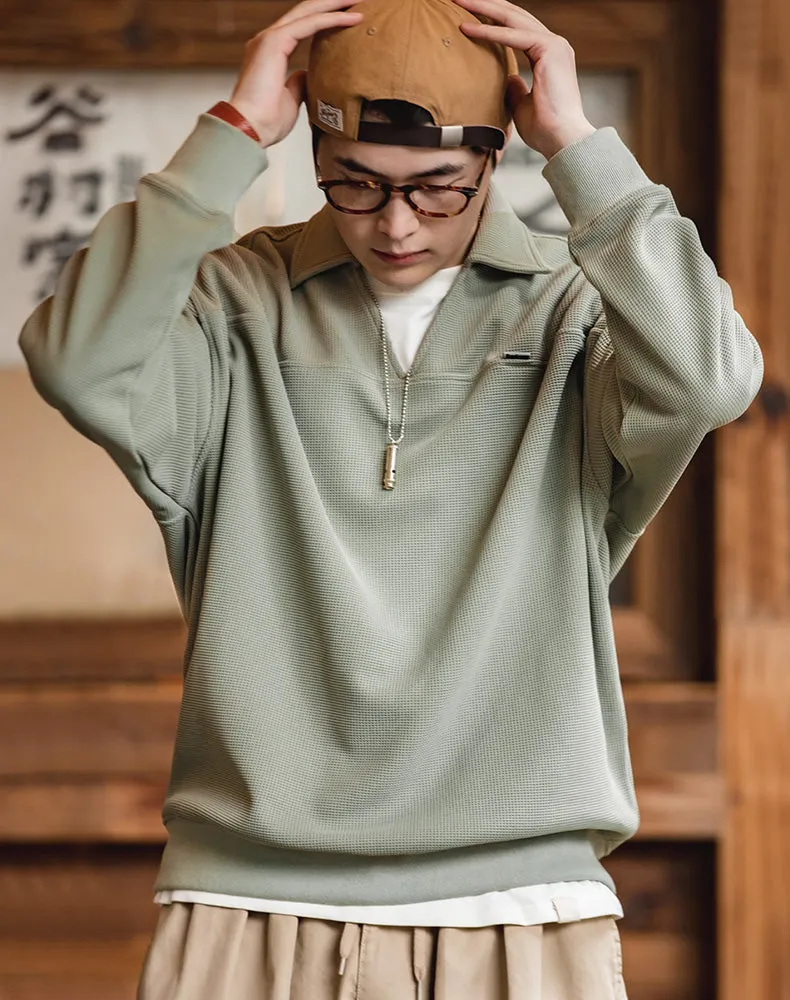 American Waffle V-Neck Polo Loose Pullover Men's Sweater