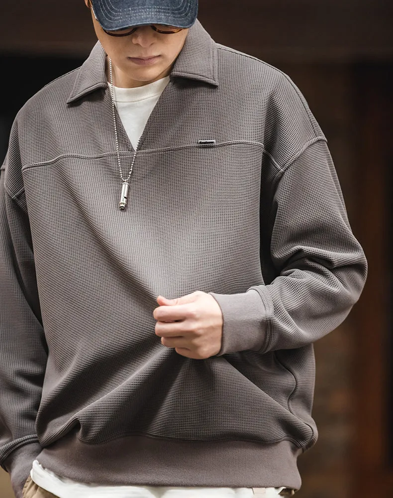 American Waffle V-Neck Polo Loose Pullover Men's Sweater