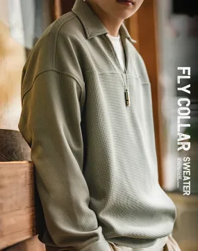American Waffle V-Neck Polo Loose Pullover Men's Sweater