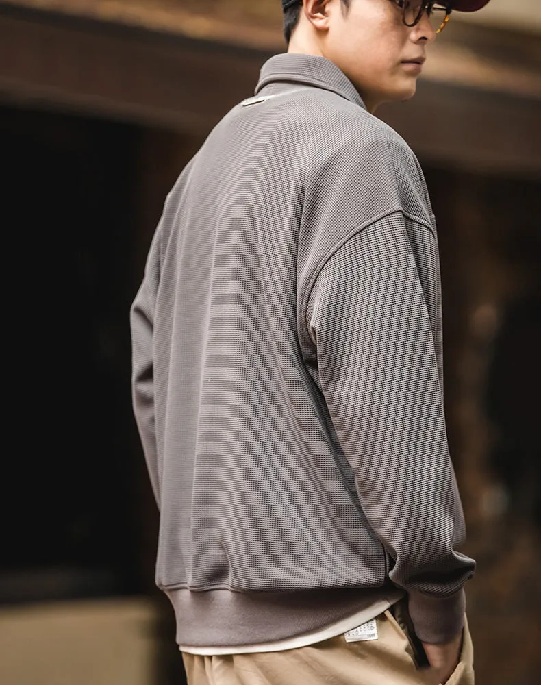 American Waffle V-Neck Polo Loose Pullover Men's Sweater