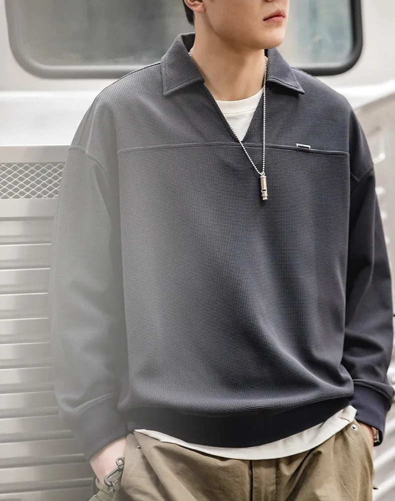 American Waffle V-Neck Polo Loose Pullover Men's Sweater