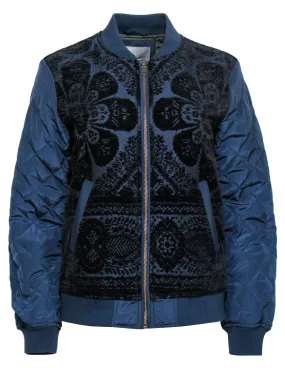 Anthropologie - Navy & Black Floral Embroidered Zip-Up Bomber Jacket Sz S