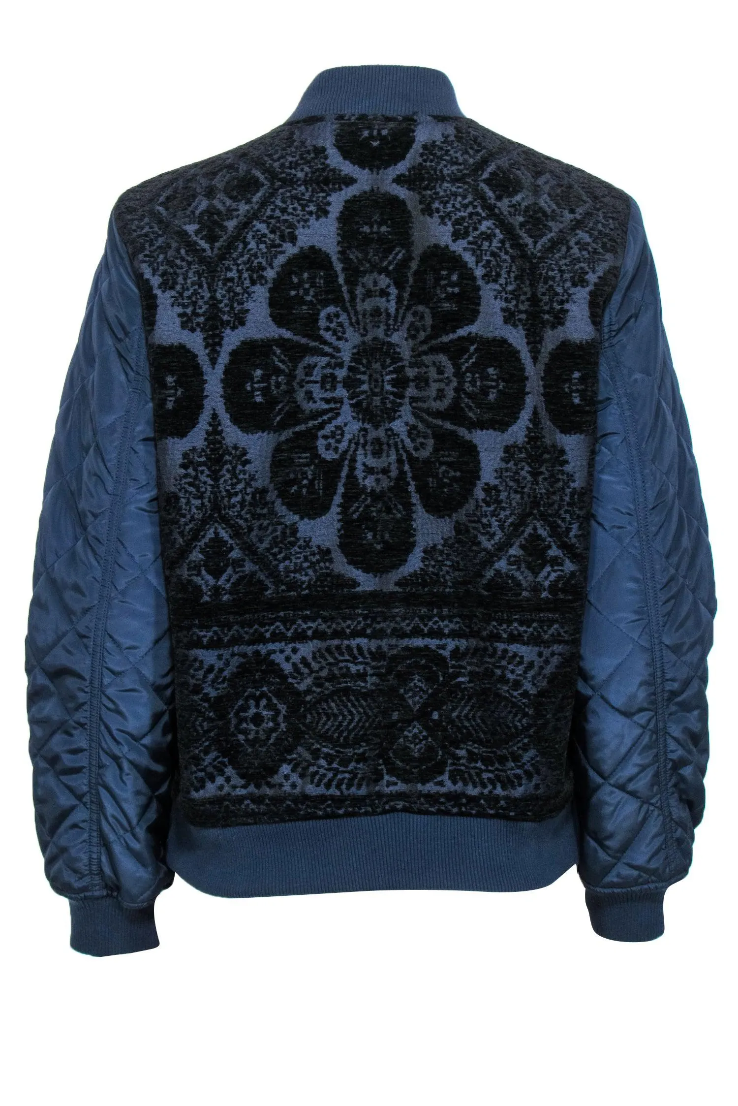Anthropologie - Navy & Black Floral Embroidered Zip-Up Bomber Jacket Sz S