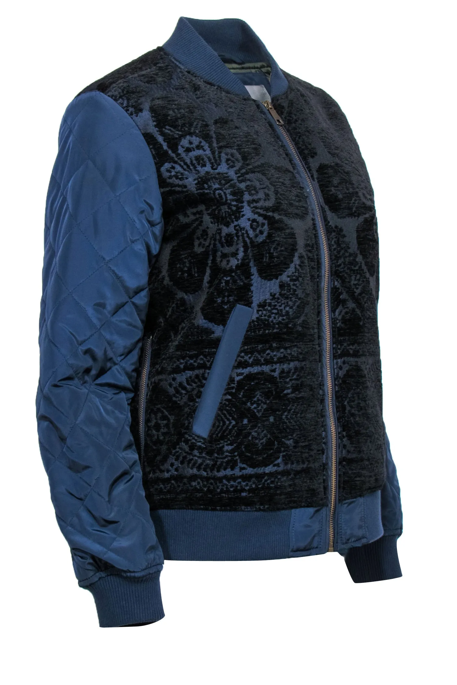 Anthropologie - Navy & Black Floral Embroidered Zip-Up Bomber Jacket Sz S