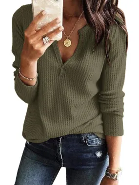 Army Green Women's V Neck Waffle Knit Henley Tops Casual Long Sleeve Pullover Sweater Blouses - Farktop