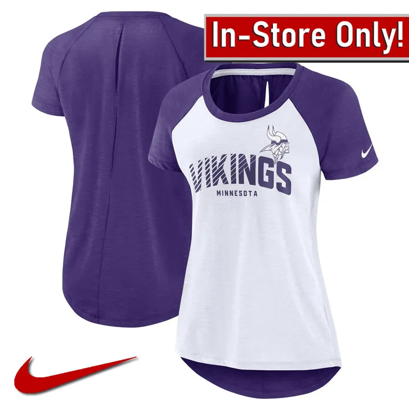 AVAILABLE IN-STORE ONLY! Minnesota Vikings White/Purple Nike Women's Back Slit Lightweight Fashion T-Shirt