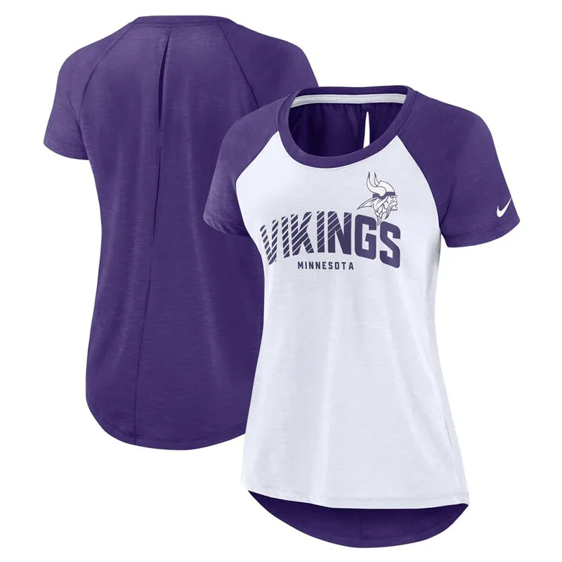 AVAILABLE IN-STORE ONLY! Minnesota Vikings White/Purple Nike Women's Back Slit Lightweight Fashion T-Shirt