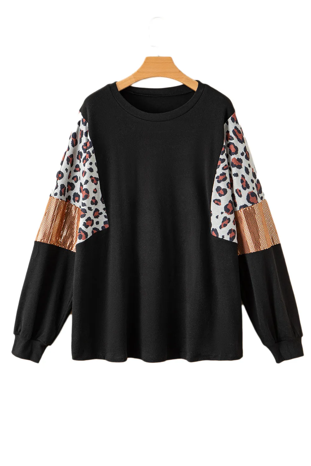Black Plus Size Leopard Sequin Patchwork Long Sleeve Top