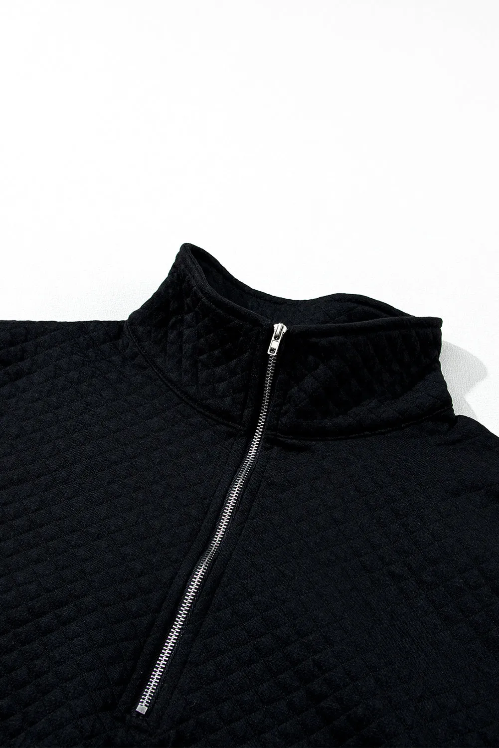 Black Solid Color Half Zipper Quilted Pullover Sweatshirt