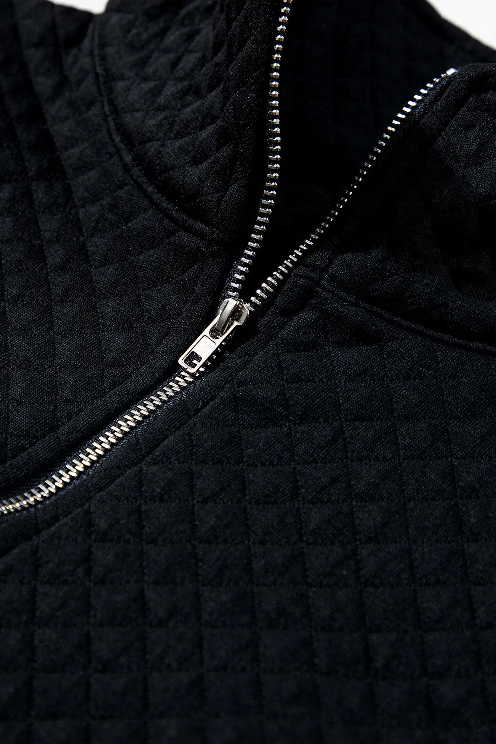 Black Solid Color Half Zipper Quilted Pullover Sweatshirt
