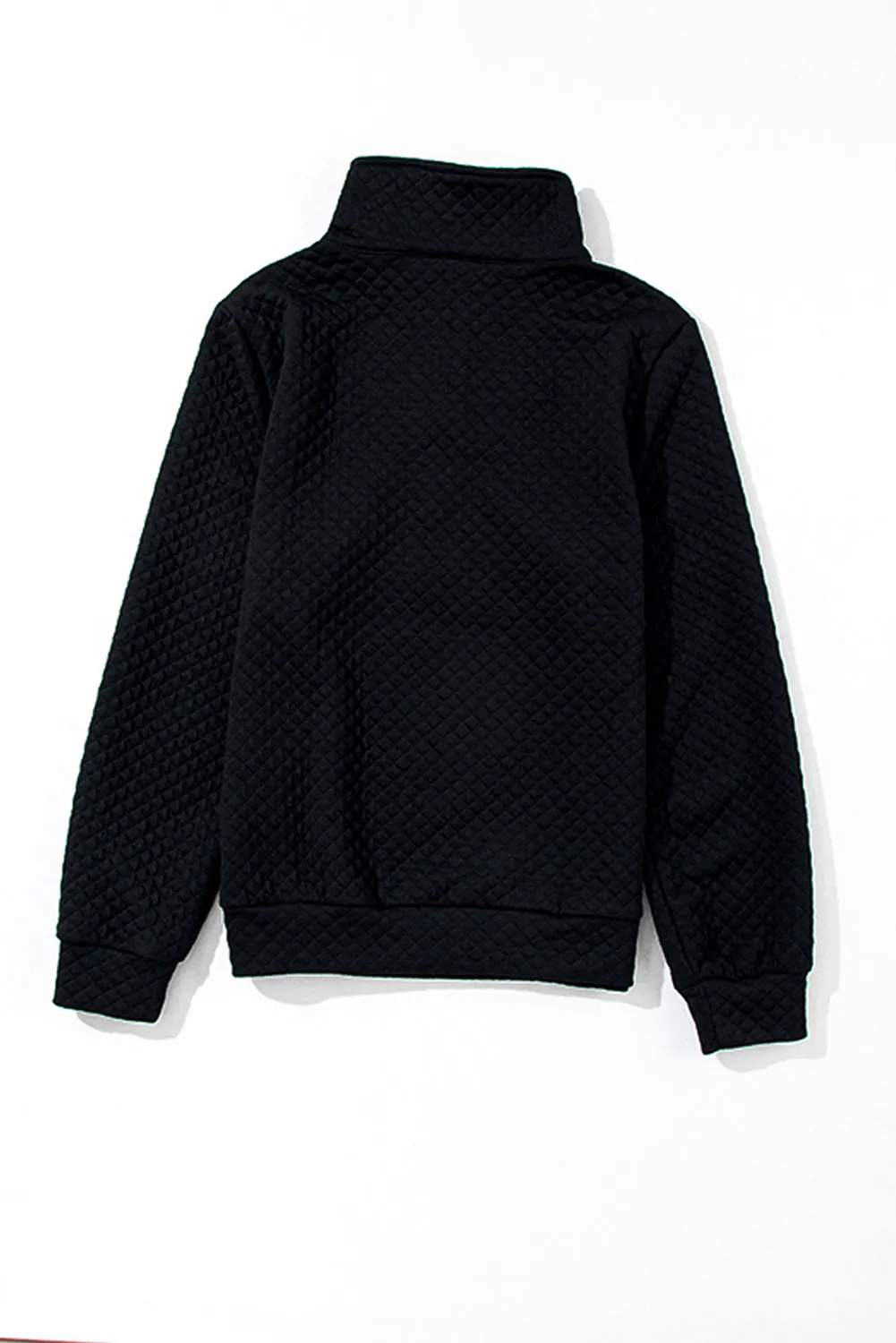 Black Solid Color Half Zipper Quilted Pullover Sweatshirt