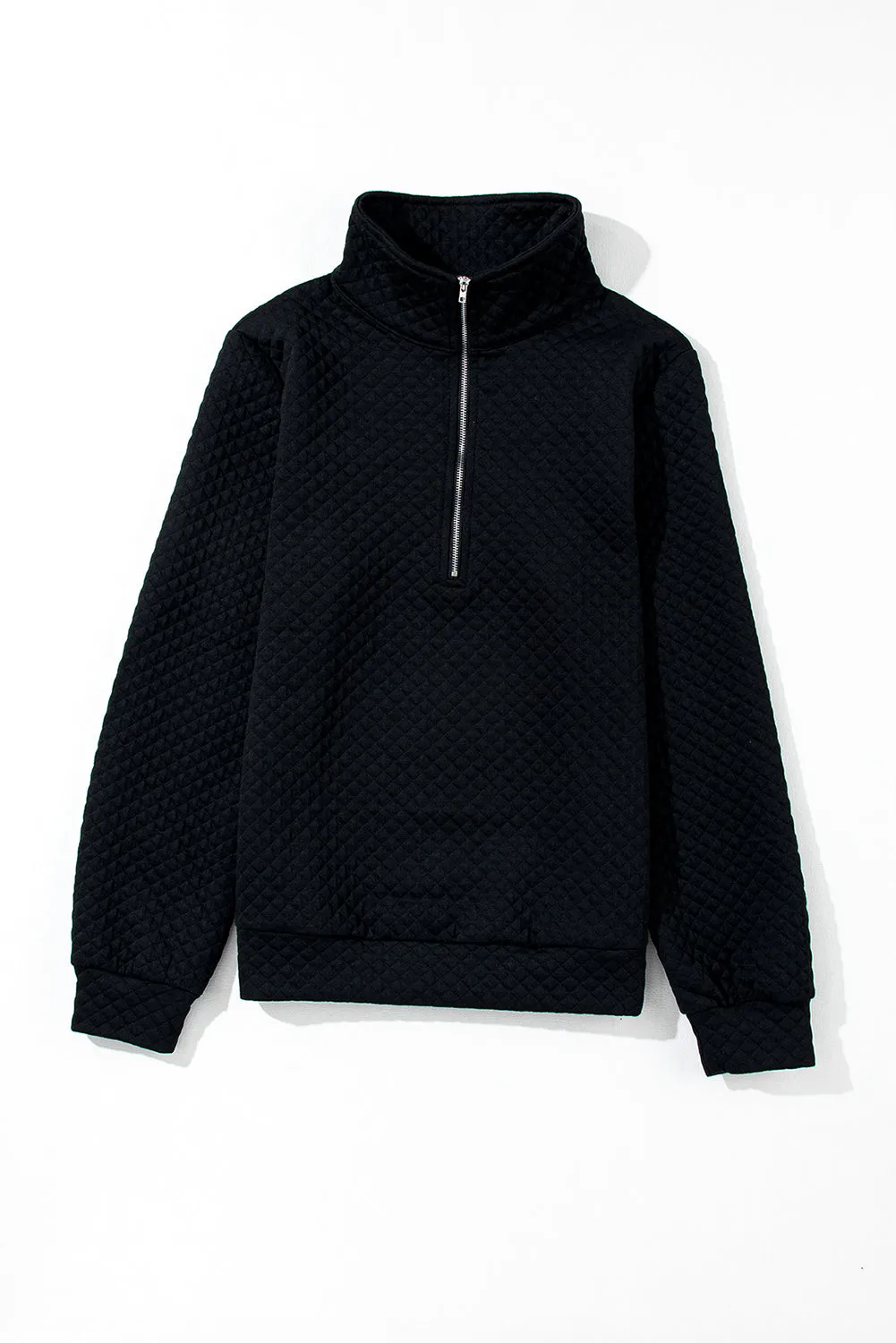 Black Solid Color Half Zipper Quilted Pullover Sweatshirt