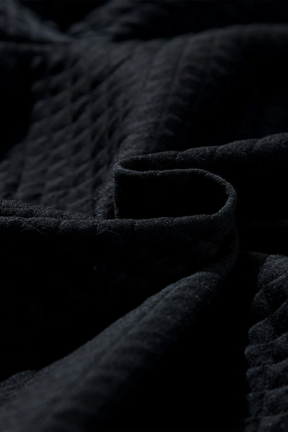 Black Solid Color Half Zipper Quilted Pullover Sweatshirt