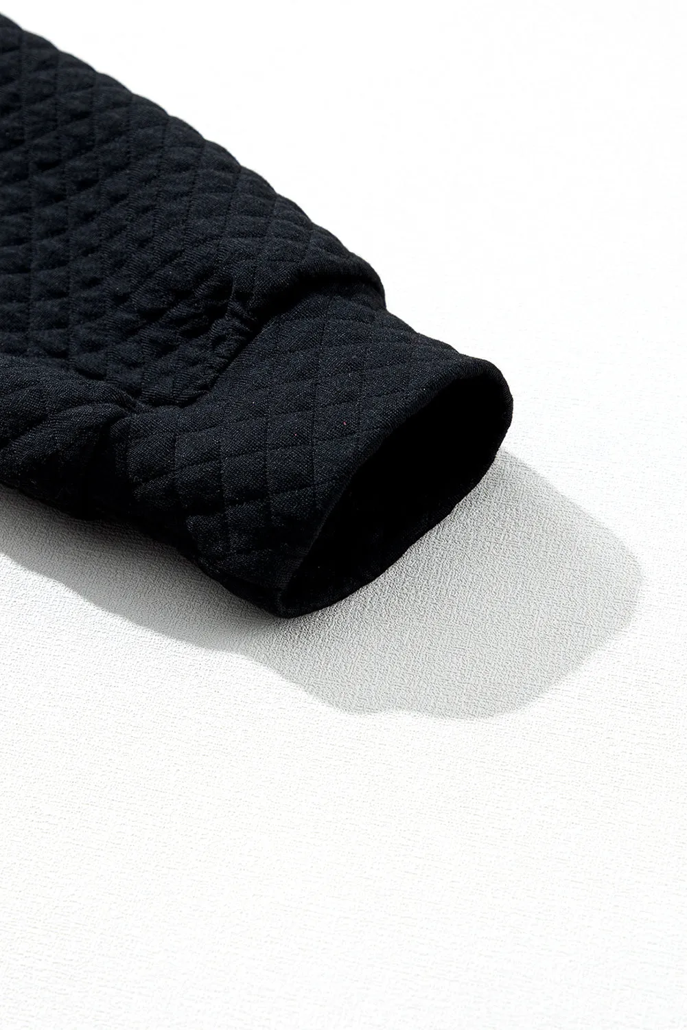 Black Solid Color Half Zipper Quilted Pullover Sweatshirt