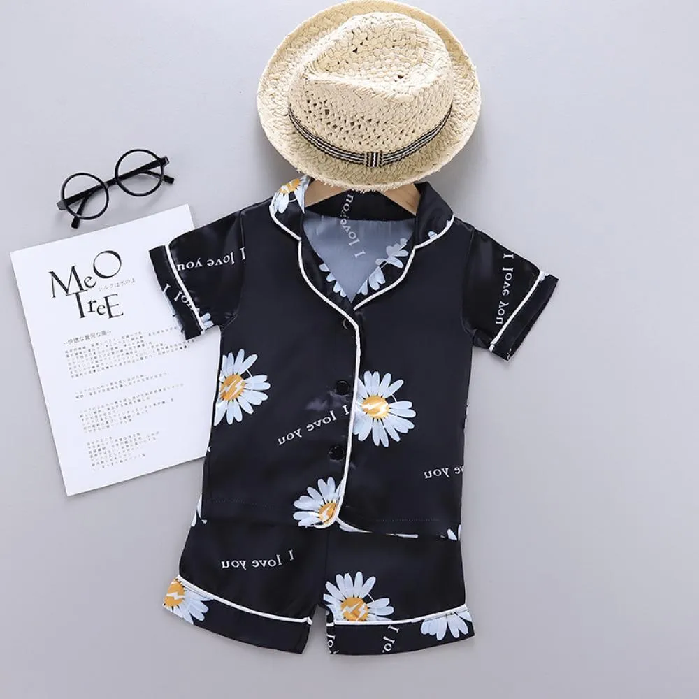 Boys And Girls Summer Pajamas Daisy Printed Ice Silk Top   Shorts Home and Sleep Set Children Clothing Wholesale Usa