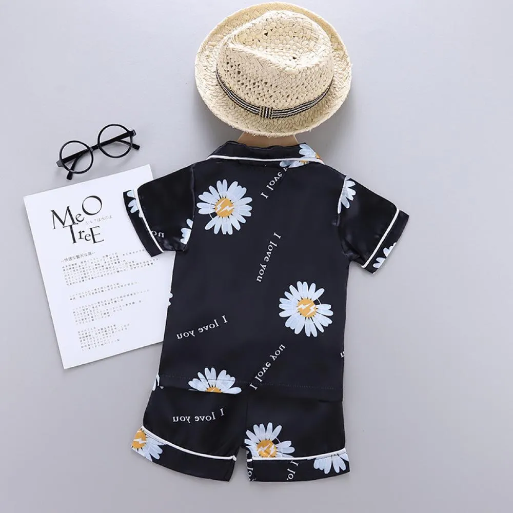 Boys And Girls Summer Pajamas Daisy Printed Ice Silk Top   Shorts Home and Sleep Set Children Clothing Wholesale Usa