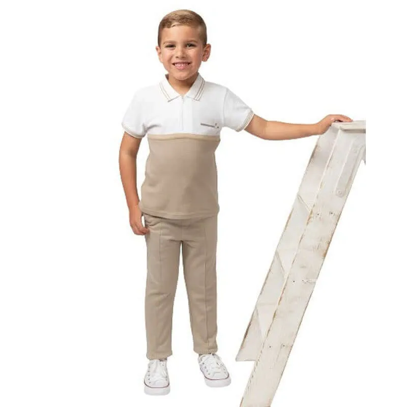 Boys Beige Polo Zip  Set