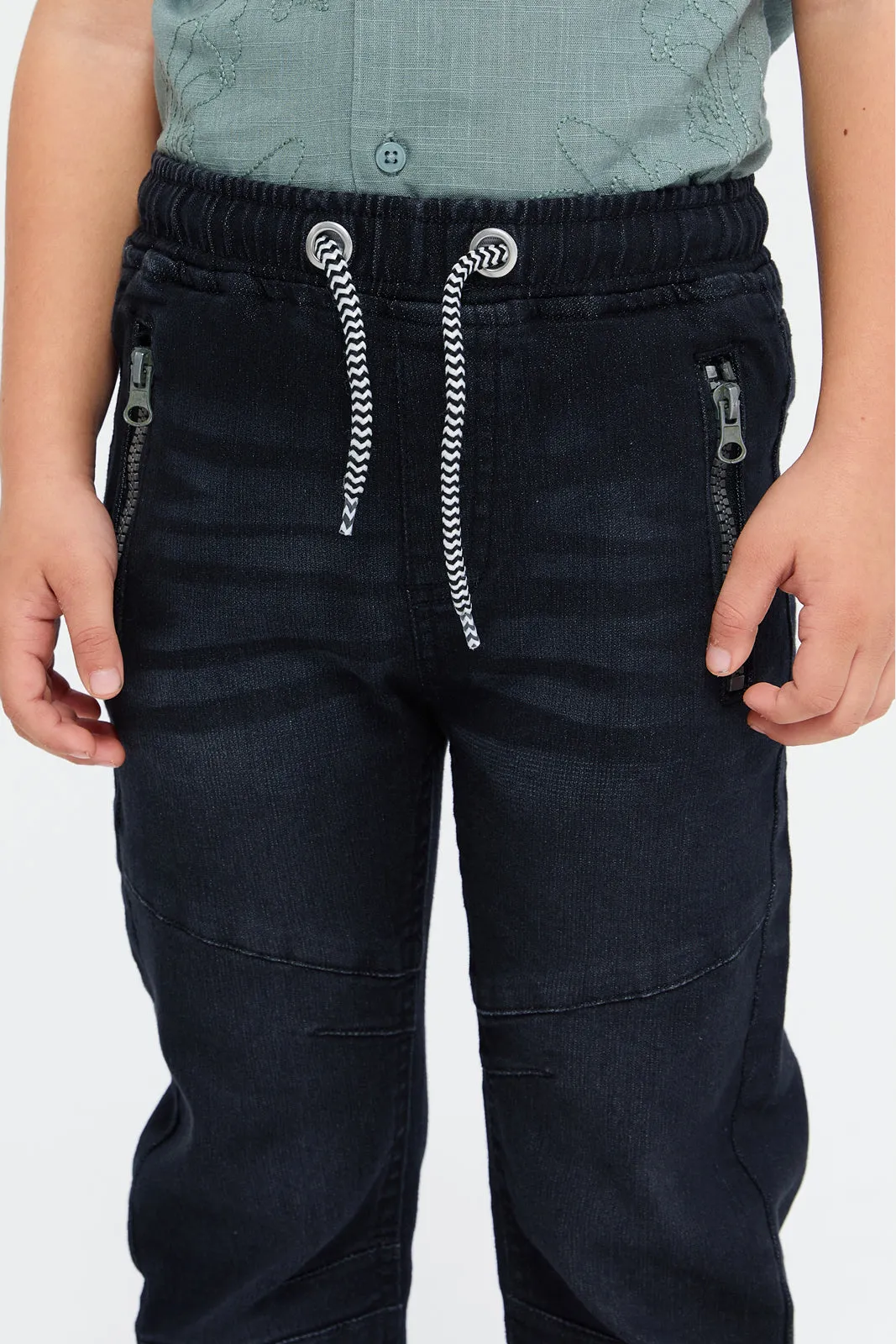 Boys Black Zip Pocket Knit Denim Joggers