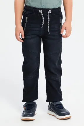 Boys Black Zip Pocket Knit Denim Joggers