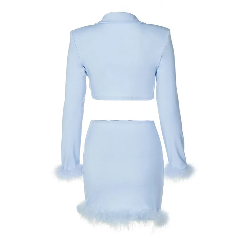 Chic Long Sleeve Crop Blazer Feather Trim Mini Skirt Matching Set - Blue