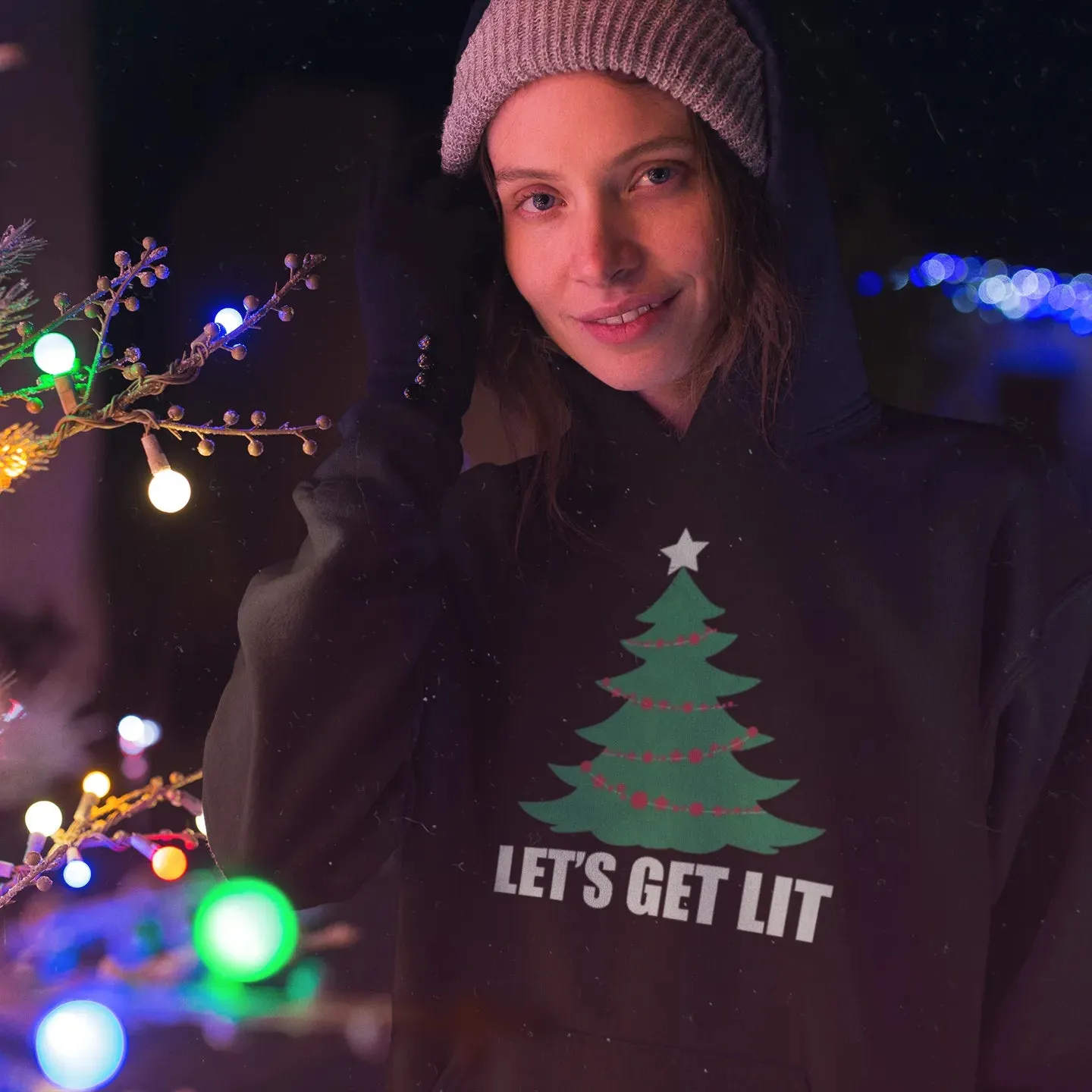 Christmas Tree Hoodie Let's Get Lit  Blended Cotton Midweight Unisex Soft Pullover