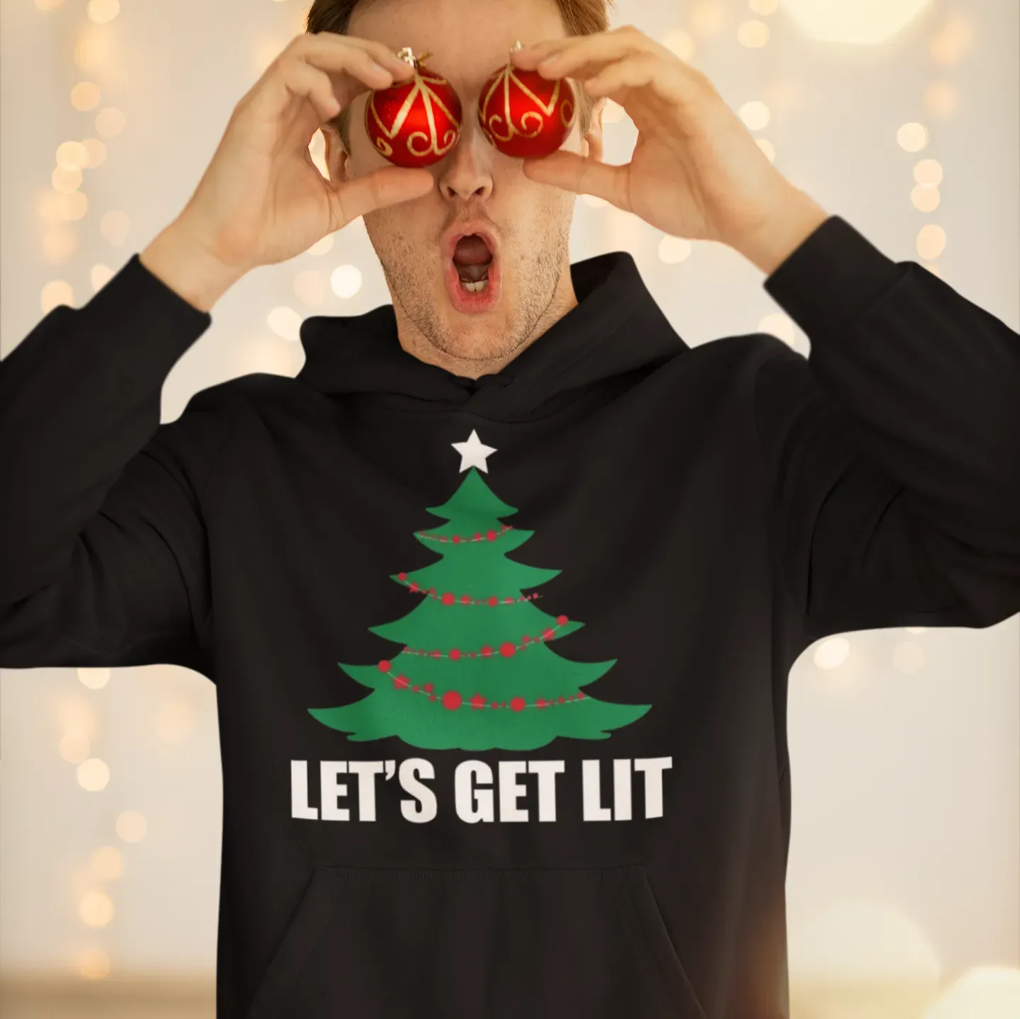 Christmas Tree Hoodie Let's Get Lit  Blended Cotton Midweight Unisex Soft Pullover