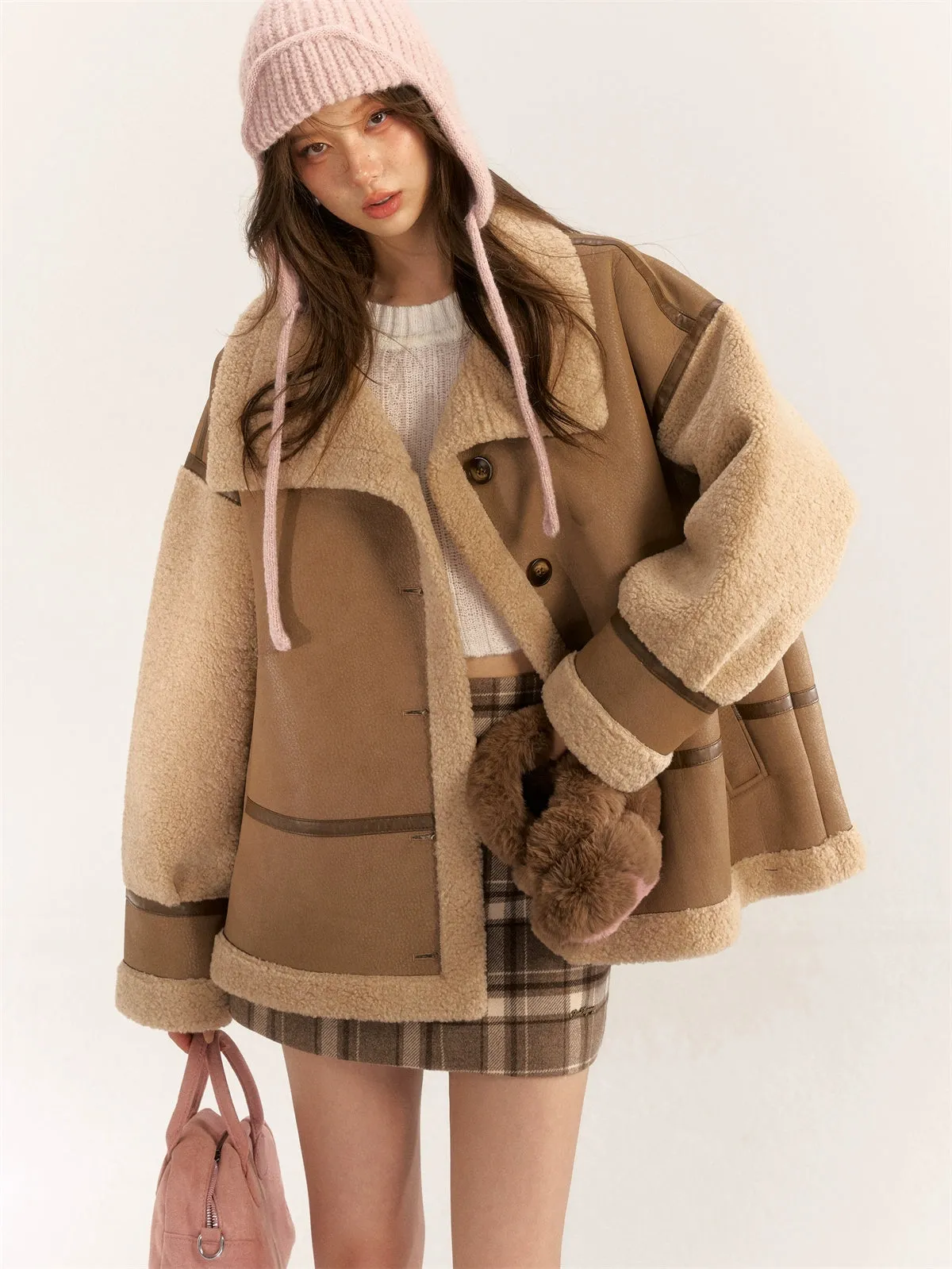 Color Block & Striped Faux Lamb Wool Coat