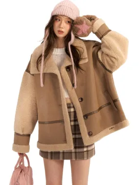 Color Block & Striped Faux Lamb Wool Coat