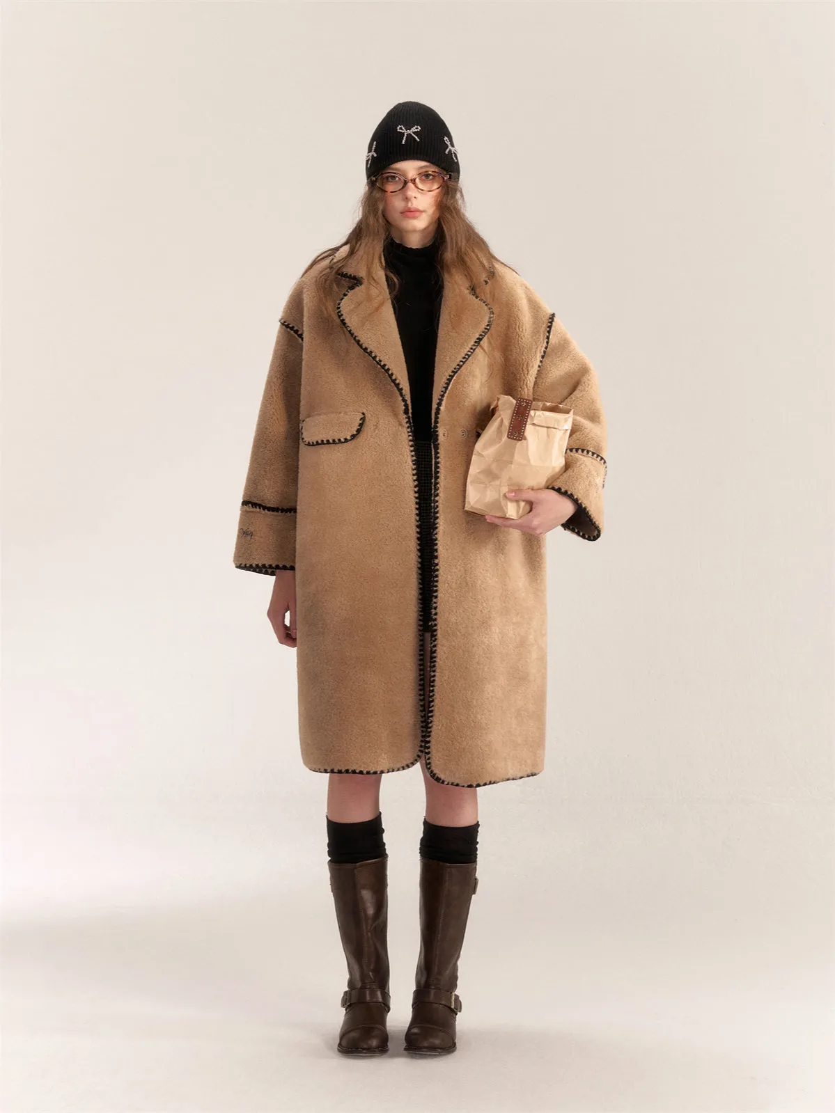 Color Block & Striped Faux Lamb Wool Coat