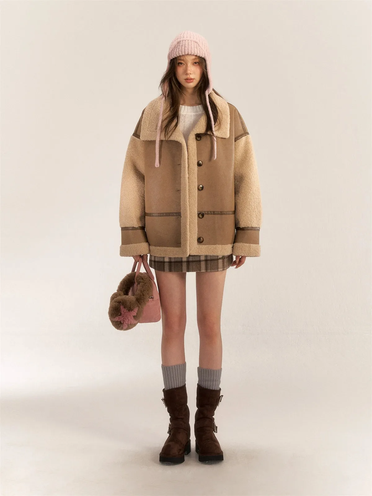 Color Block & Striped Faux Lamb Wool Coat