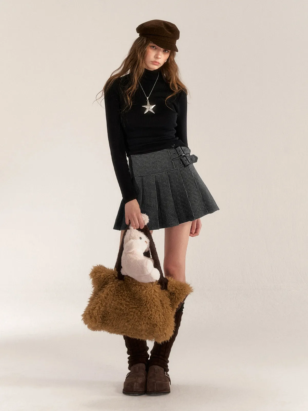 Color Block & Striped Faux Lamb Wool Coat