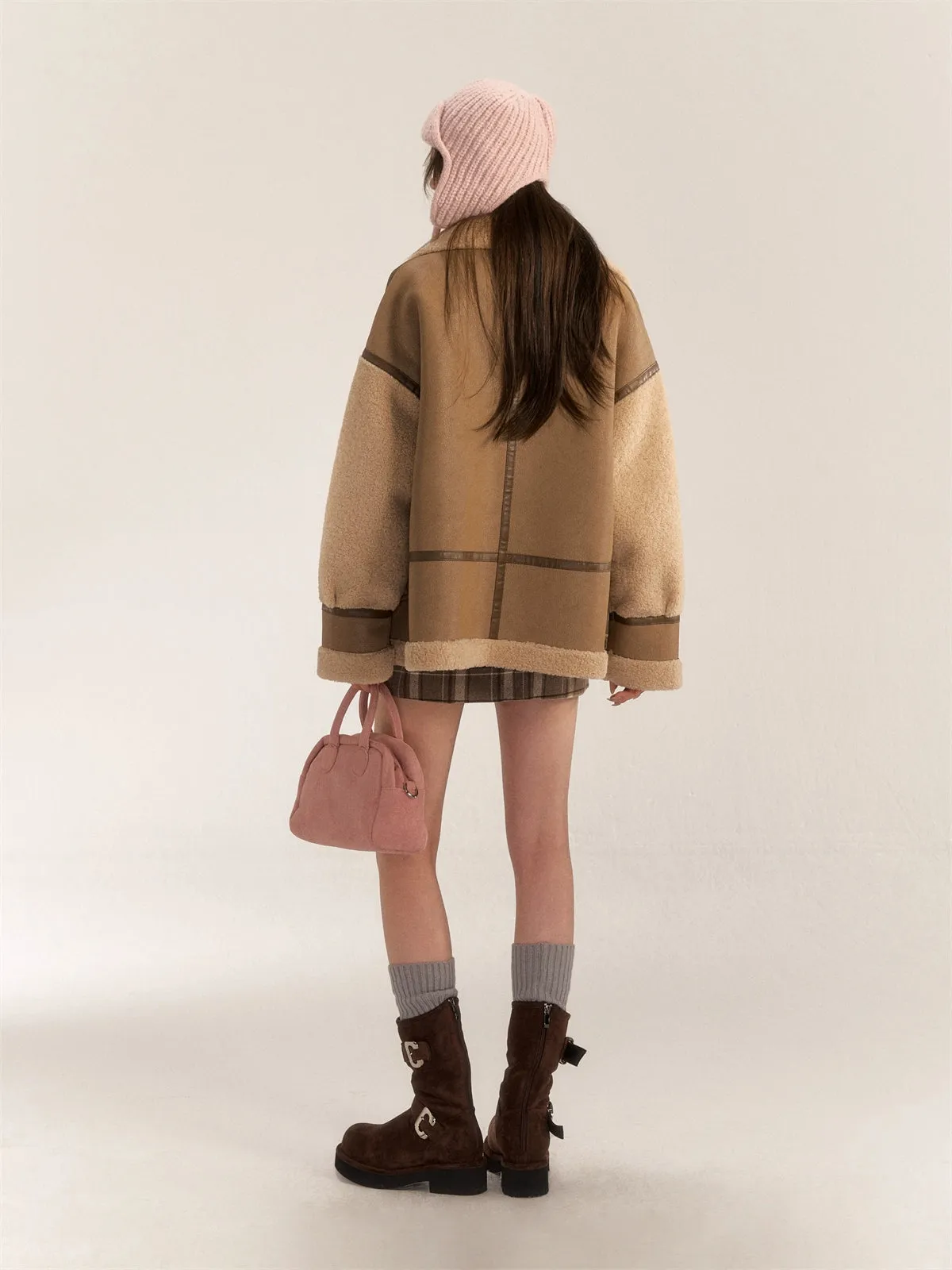 Color Block & Striped Faux Lamb Wool Coat
