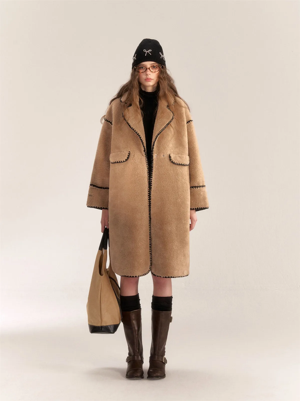 Color Block & Striped Faux Lamb Wool Coat